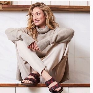 Birkenstock Arizona Shearling Plaid cozy sandals red and black